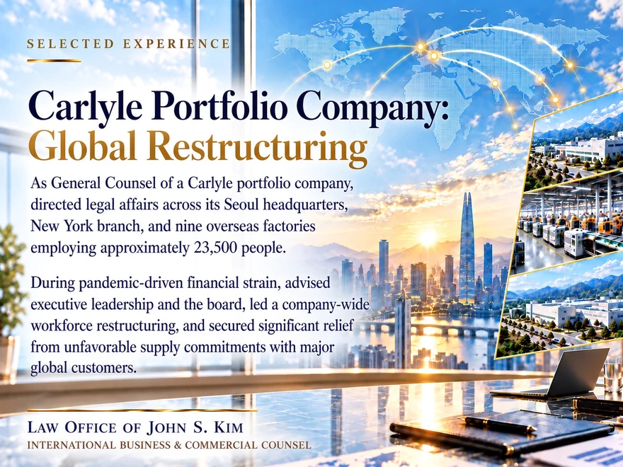 Selected-experience card on a pale sunrise ground titled “Carlyle Portfolio Company: Global Restructuring,” showing a city skyline at dawn with angled inset photographs of factory floors, above two paragraphs on the general-counsel role and the restructuring that followed. The Law Office of John S. Kim wordmark and the line “International Business & Commercial Counsel” appear in the lower left.