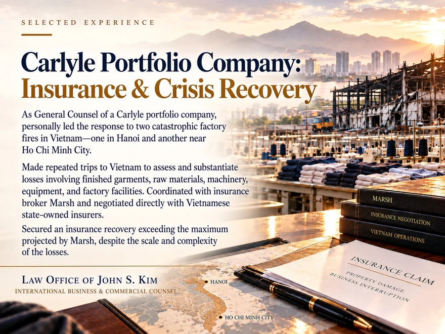 Selected-experience card on a warm sunrise ground titled “Carlyle Portfolio Company: Insurance & Crisis Recovery,” showing a burnt-out factory frame above a desk with stacked claim binders, a map of Vietnam marking Hanoi and Ho Chi Minh City, and an insurance claim document headed property damage and business interruption, beside three paragraphs on the fires, the loss assessment and the recovery. The Law Office of John S. Kim wordmark and the line “International Business & Commercial Counsel” appear in the lower left.
