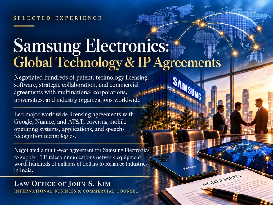 Selected-experience card on a deep blue ground titled “Samsung Electronics: Global Technology & IP Agreements,” showing a lit office tower bearing the Samsung name with figures shaking hands, a boardroom table holding a smartphone, tablet and signed agreement, beside three paragraphs on the agreements negotiated. The Law Office of John S. Kim wordmark and the line “International Business & Commercial Counsel” appear in the lower left.