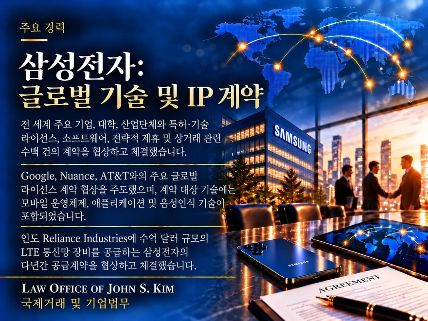 짙은 청색 바탕의 주요 경력 카드. 불 밝힌 삼성 사옥과 악수하는 기업 관계자들, 점으로 그려진 세계지도와 금색 연결선이 배치되고, 아래쪽 검은 유리 탁자 위에 스마트폰과 태블릿, “AGREEMENT” 서류가 놓여 있습니다. “삼성전자: 글로벌 기술 및 IP 계약” 제목 아래 수백 건의 라이선스·상거래 계약과 Google·Nuance·AT&T 라이선스, 인도 Reliance Industries LTE 장비 공급계약을 요약한 본문이 있습니다. 카드 하단에는 Law Office of John S. Kim 로고와 “국제거래 및 기업법무” 표기가 있습니다.