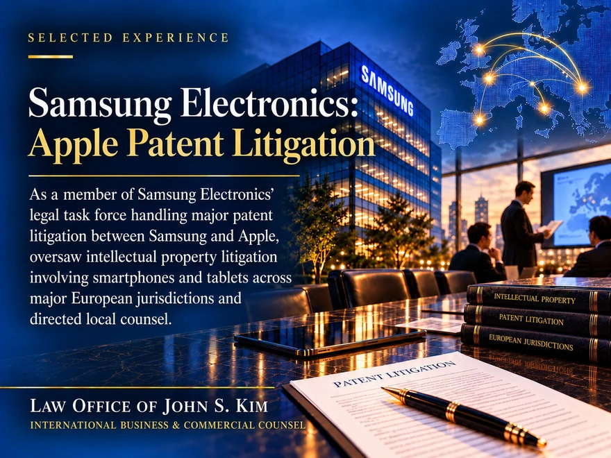 Selected-experience card on a deep blue ground titled “Samsung Electronics: Apple Patent Litigation,” showing a lit office tower bearing the Samsung name, a map of Europe traced with gold arcs, and a boardroom table holding law books and a patent-litigation document, beside a paragraph describing the task-force role. The Law Office of John S. Kim wordmark and the line “International Business & Commercial Counsel” appear in the lower left.